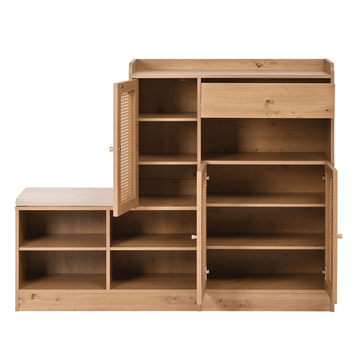 Sapateira com banco 142x35x110 cm - 3 portas de rattan, 1 gaveta, assento almofadado - Natural Sapateira com banco 142x35x110 cm - 3 portas de rattan, 1 gaveta, assento almofadado - Natural