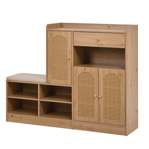 Sapateira com banco 142x35x110 cm - 3 portas de rattan, 1 gaveta, assento almofadado - Natural Sapateira com banco 142x35x110 cm - 3 portas de rattan, 1 gaveta, assento almofadado - Natural