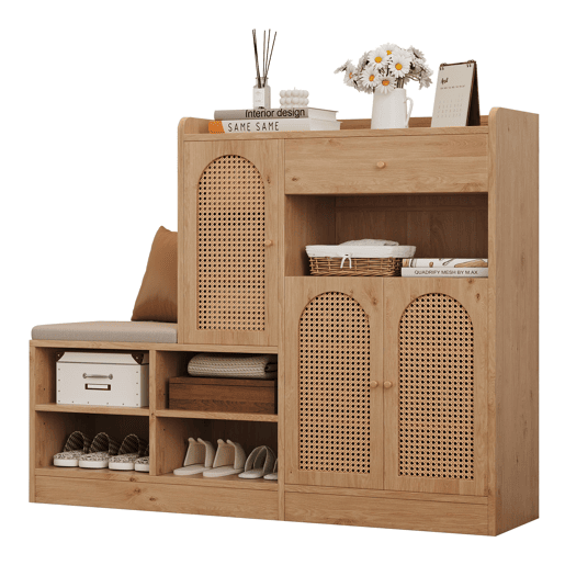 Sapateira com banco 142x35x110 cm - 3 portas de rattan, 1 gaveta, assento almofadado - Natural Sapateira com banco 142x35x110 cm - 3 portas de rattan, 1 gaveta, assento almofadado - Natural