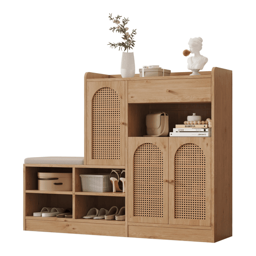 Sapateira com banco 142x35x110 cm - 3 portas de rattan, 1 gaveta, assento almofadado - Natural Sapateira com banco 142x35x110 cm - 3 portas de rattan, 1 gaveta, assento almofadado - Natural
