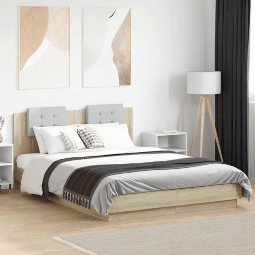 Estrutura Cama de casal simple c cabeceiraluzes LED 140x200cm carvalho sonoma