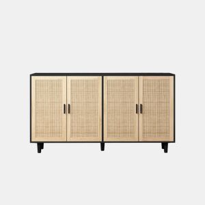 Armário de arrumação 158 cm - 4 portas, rattan decorativo, elegante e funcional - Preto