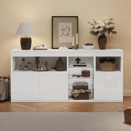 Aparador 155,5x35x72cm - 3 portas, LED, alto brilho, sem puxadores - Branco
