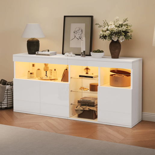 Aparador 155,5x35x72cm - 3 portas, LED, alto brilho, sem puxadores - Branco
