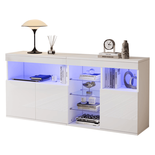 Aparador 155,5x35x72cm - 3 portas, LED, alto brilho, sem puxadores - Branco