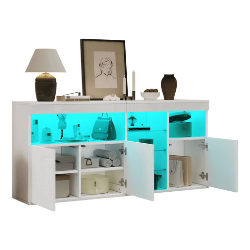 Aparador 155,5x35x72cm - 3 portas, LED, alto brilho, sem puxadores - Branco