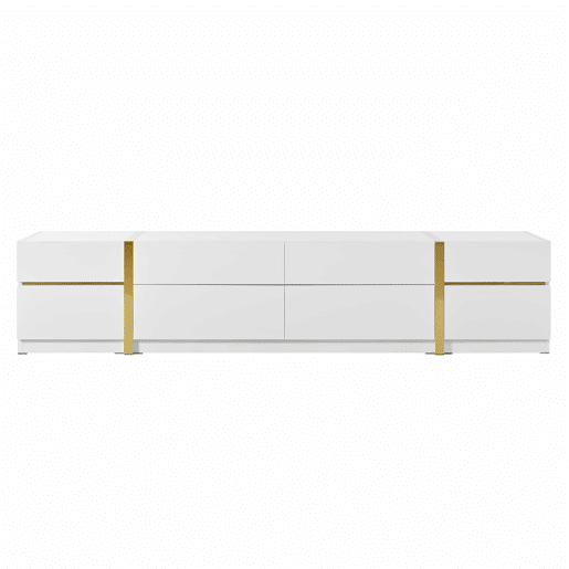 Móvel de TV - Estilo moderno - Com gavetas e portas - Acabamento brilhante - Bordas douradas - Grande capacidade de armazenamento - Cor dourada e branca