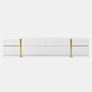 Móvel de TV - Estilo moderno - Com gavetas e portas - Acabamento brilhante - Bordas douradas - Grande capacidade de armazenamento - Cor dourada e branca
