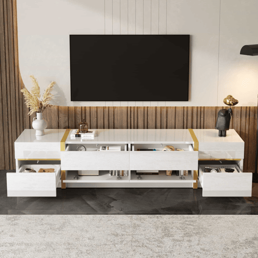 Móvel de TV - Estilo moderno - Com gavetas e portas - Acabamento brilhante - Bordas douradas - Grande capacidade de armazenamento - Cor dourada e branca