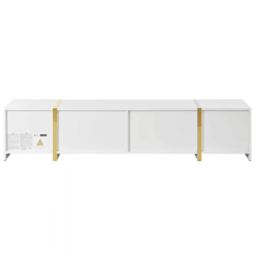 Móvel de TV - Estilo moderno - Com gavetas e portas - Acabamento brilhante - Bordas douradas - Grande capacidade de armazenamento - Cor dourada e branca
