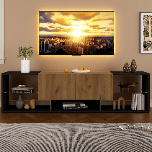 Móvel de TV de 3 níveis para 70 - moderno com prateleiras de vidro e 2 gavetas - Preto+Natural Móvel de TV de 3 níveis para 70 - moderno com prateleiras de vidro e 2 gavetas - Preto+Natural