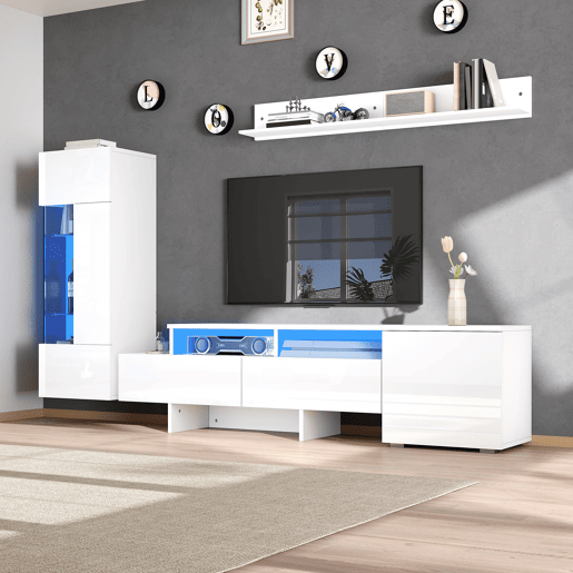 Conjunto de móveis para TV de 3 peças - Conjunto de sala com LED, portas acrílicas, branco Conjunto de móveis para TV de 3 peças - Conjunto de sala com LED, portas acrílicas, branco
