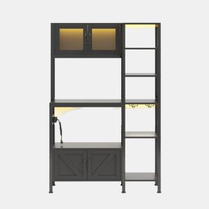 Estante de cozinha 180x115 cm - com tomada, LED, suporte para micro-ondas e copos - Preto