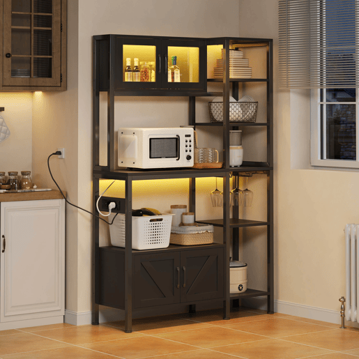 Estante de cozinha 180x115 cm - com tomada, LED, suporte para micro-ondas e copos - Preto