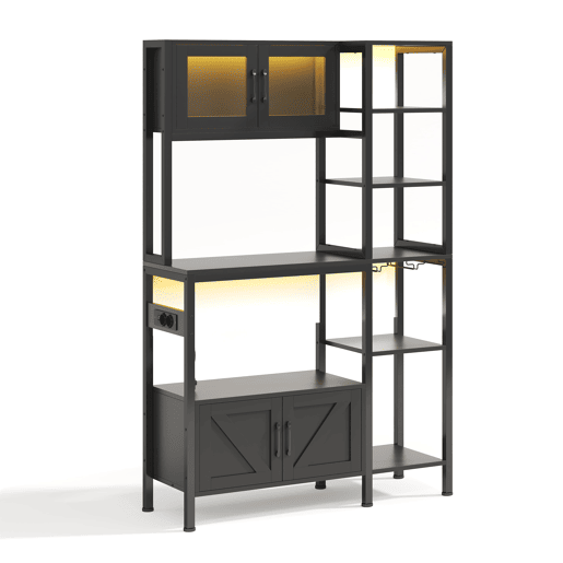 Estante de cozinha 180x115 cm - com tomada, LED, suporte para micro-ondas e copos - Preto