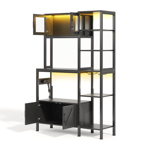 Estante de cozinha 180x115 cm - com tomada, LED, suporte para micro-ondas e copos - Preto