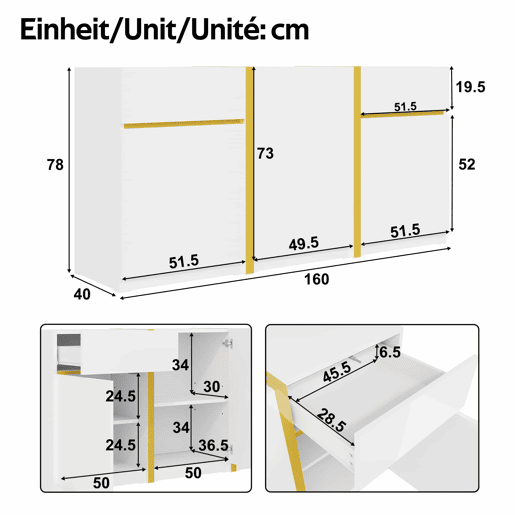Aparador luxuoso 180 cm - Acabamento brilhante, armário moderno com três portas e duas gavetas, ideal para sala de estar, sala de jantar e entrada - Branco