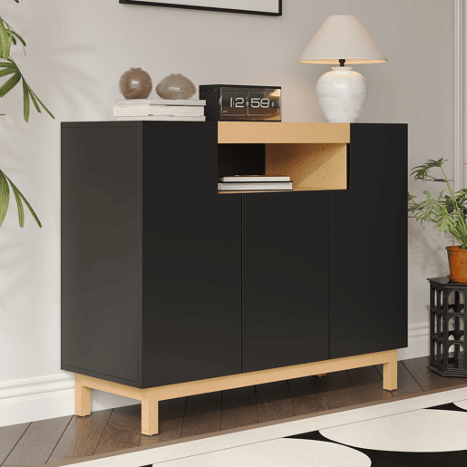 Aparador 120 cm - 3 portas, armazenamento multifuncional para sala de estar e sala de jantar - Preto