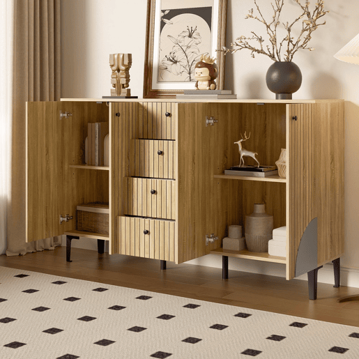 Aparador 160x36x94 cm - 4 portas 4 gavetas design minimalista - Madeira natural