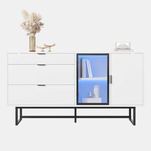 Aparador vitrina - 3 gavetas, portas de vidro, faixa LED, estilo moderno luxuoso - Branco