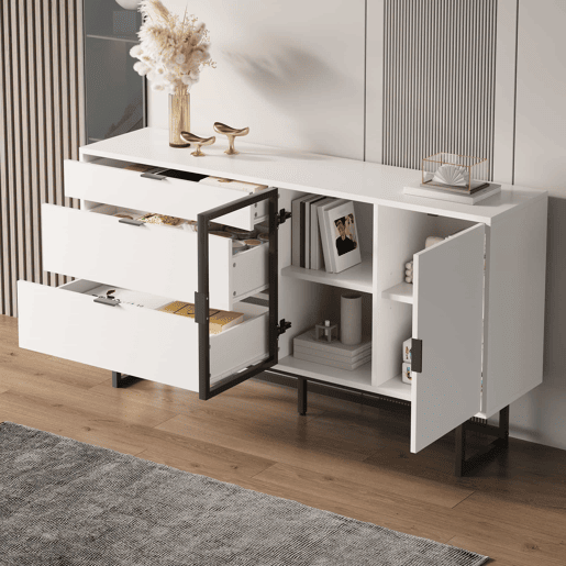 Aparador vitrina - 3 gavetas, portas de vidro, faixa LED, estilo moderno luxuoso - Branco