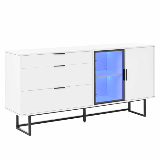 Aparador vitrina - 3 gavetas, portas de vidro, faixa LED, estilo moderno luxuoso - Branco