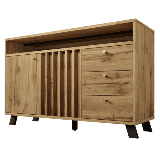 Aparador 120x40x85 cm - 3 gavetas, 2 portas, prateleira aberta, estilo vintage - Carvalho escuro