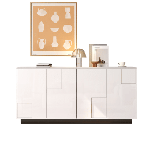 Aparador de sala 160x37x75,5 cm - 4 portas, design geométrico, grande capacidade de arrumação - Branco Aparador de sala 160x37x75,5 cm - 4 portas, design geométrico, grande capacidade de arrumação - Branco