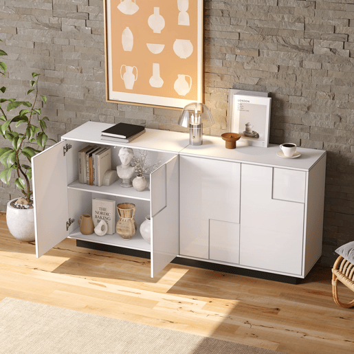 Aparador de sala 160x37x75,5 cm - 4 portas, design geométrico, grande capacidade de arrumação - Branco Aparador de sala 160x37x75,5 cm - 4 portas, design geométrico, grande capacidade de arrumação - Branco