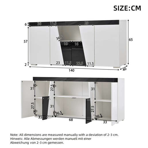 Aparador de sala 140x40x65 cm - 3 armários, 4 portas, design moderno com LED - Branco Aparador de sala 140x40x65 cm - 3 armários, 4 portas, design moderno com LED - Branco