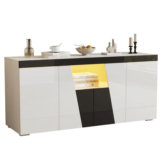 Aparador de sala 140x40x65 cm - 3 armários, 4 portas, design moderno com LED - Branco Aparador de sala 140x40x65 cm - 3 armários, 4 portas, design moderno com LED - Branco
