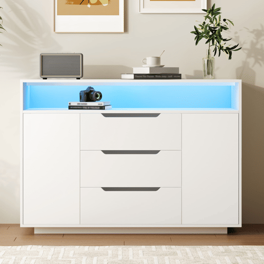 Aparador 120x40 cm - 3 gavetas, portas duplas, prateleira aberta, cantos arredondados - Branco