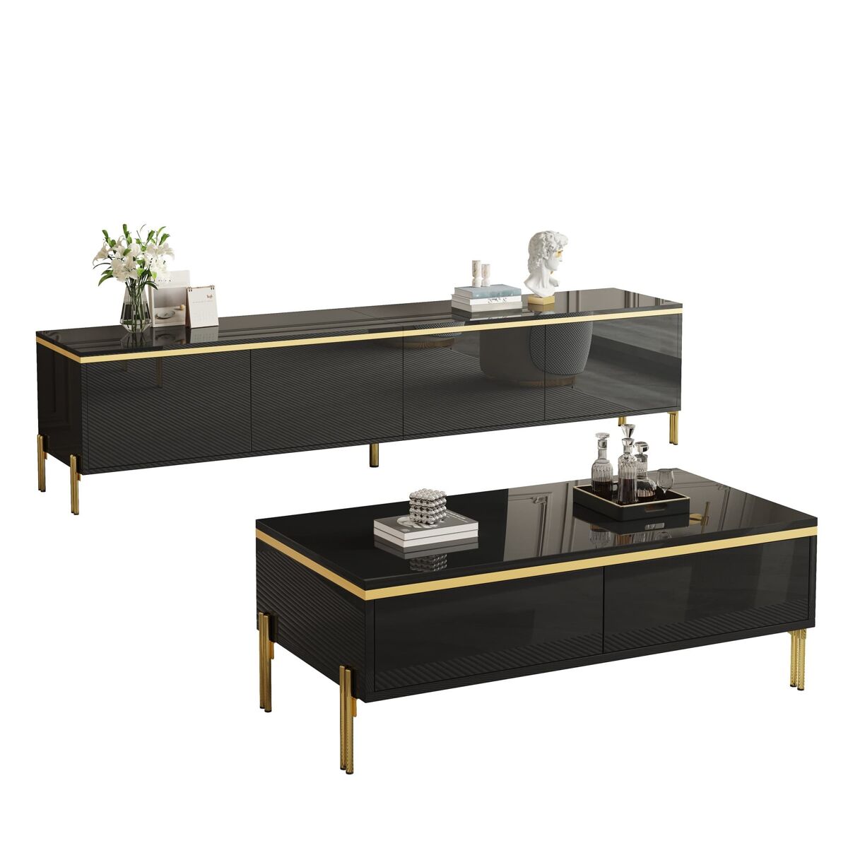 mueble tv y mesa de centro - lujo moderno superficie brillante bordes dorados gran almacenamiento - negro