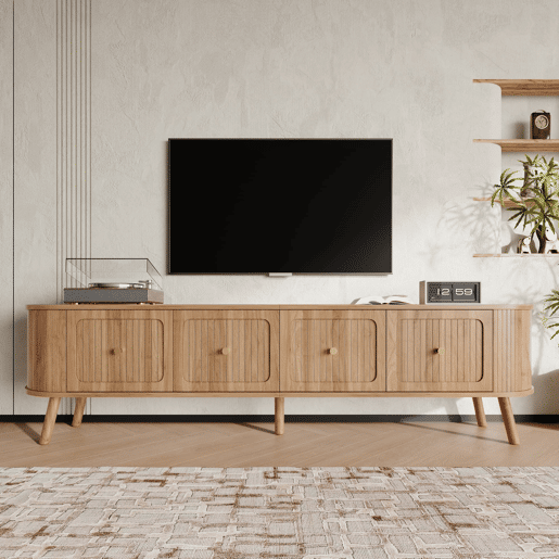 Móvel de TV 180x38x47 cm - 4 portas, puxadores dourados, pés de madeira, design exclusivo - Carvalho