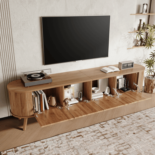 Móvel de TV 180x38x47 cm - 4 portas, puxadores dourados, pés de madeira, design exclusivo - Carvalho