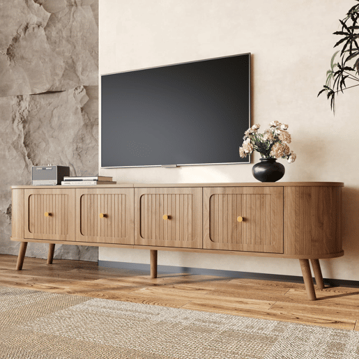 Móvel de TV 180x38x47 cm - 4 portas, puxadores dourados, pés de madeira, design exclusivo - Carvalho