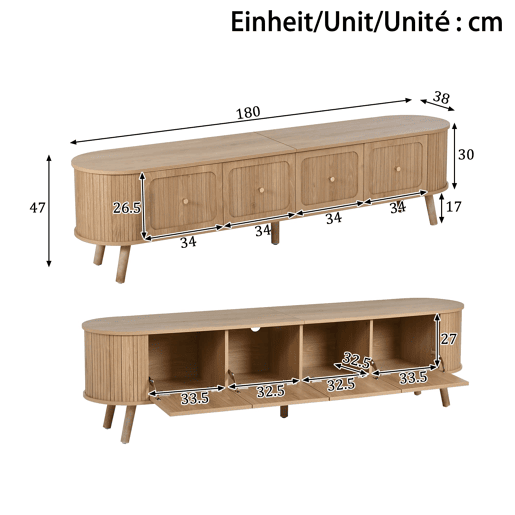 Móvel de TV 180x38x47 cm - 4 portas, puxadores dourados, pés de madeira, design exclusivo - Carvalho