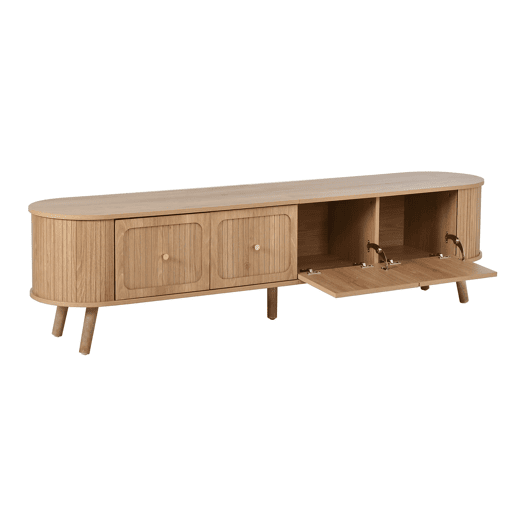 Móvel de TV 180x38x47 cm - 4 portas, puxadores dourados, pés de madeira, design exclusivo - Carvalho