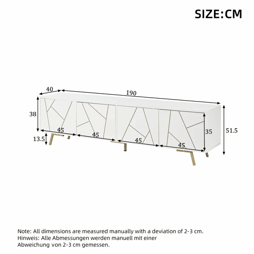 Móvel para TV 190x40x51,5 cm - com 4 portas, 6 pés metálicos, adequado para televisores de até 85 polegadas - branco e dourado
