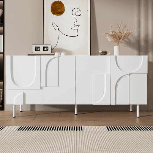 Aparador de sala de jantar 160x40x93 cm - Design geométrico, múltiplas opções de arrumação, moderno - Branco Aparador de sala de jantar 160x40x93 cm - Design geométrico, múltiplas opções de arrumação, moderno - Branco