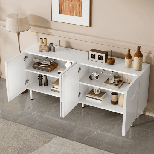 Aparador de sala de jantar 160x40x93 cm - Design geométrico, múltiplas opções de arrumação, moderno - Branco Aparador de sala de jantar 160x40x93 cm - Design geométrico, múltiplas opções de arrumação, moderno - Branco