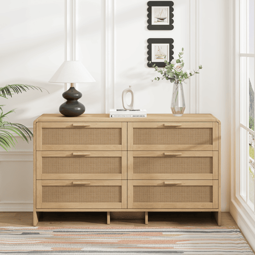 Aparador de canto 130 cm - 6 gavetas em rattan curvado - Natural