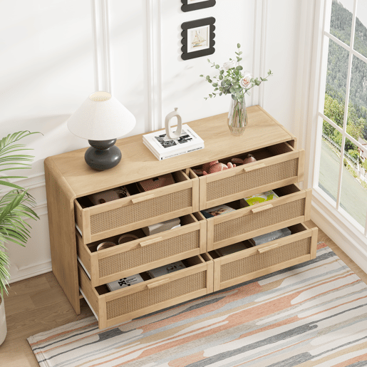 Aparador de canto 130 cm - 6 gavetas em rattan curvado - Natural