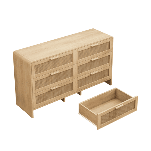 Aparador de canto 130 cm - 6 gavetas em rattan curvado - Natural
