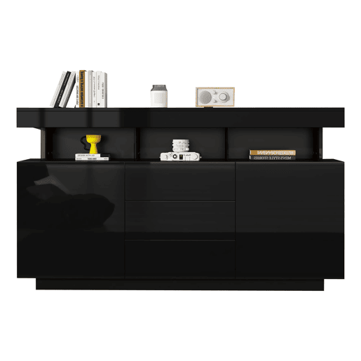 Aparador 140x35x80 cm - Moderno, alto brilho, barra de café, LED - Preto Aparador 140x35x80 cm - Moderno, alto brilho, barra de café, LED - Preto