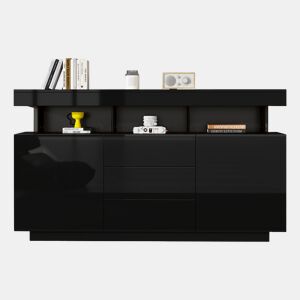 Aparador 140x35x80 cm - Moderno, alto brilho, barra de café, LED - Preto