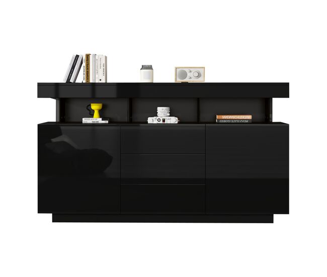 Sideboard 140x35x80 cm - moderno, alto brillo, barra de café, led - negro