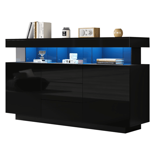 Aparador 140x35x80 cm - Moderno, alto brilho, barra de café, LED - Preto Aparador 140x35x80 cm - Moderno, alto brilho, barra de café, LED - Preto