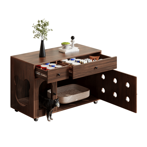Armário para caixa de areia 100x45x66 cm - com tabuleiro removível e isolante de odores - Nogal
