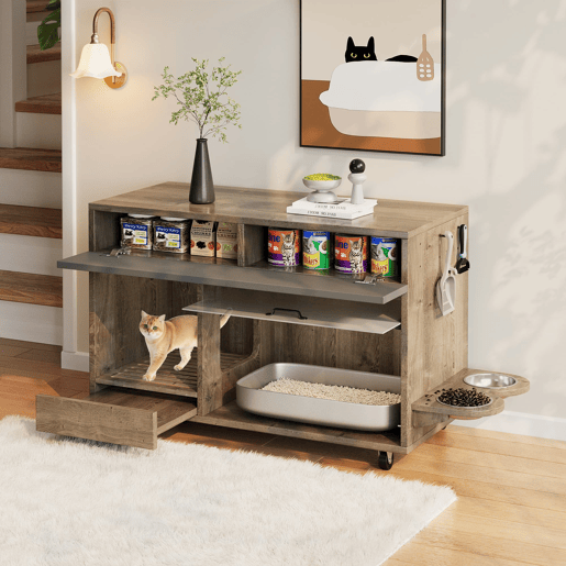 Armário para caixa de areia para gatos 100x45,5x67 cm - com comedouros e tabuleiro recolhedor de areia - Carvalho